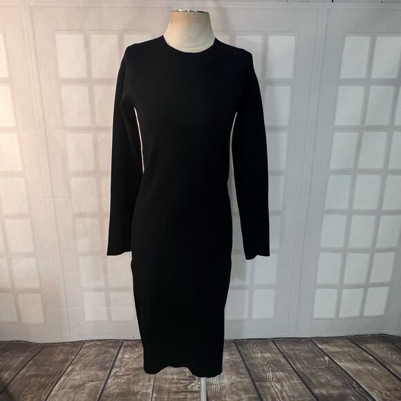 Vince Black Long Sleeve Crew Neck Pullover Ribbed Bodycon Dress Size Large - Picture 3 of 11